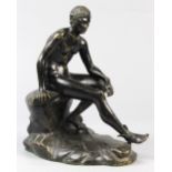 Neo-Classical bronze figural statue, depicting the god Hermes, seated on a naturalistic base, the