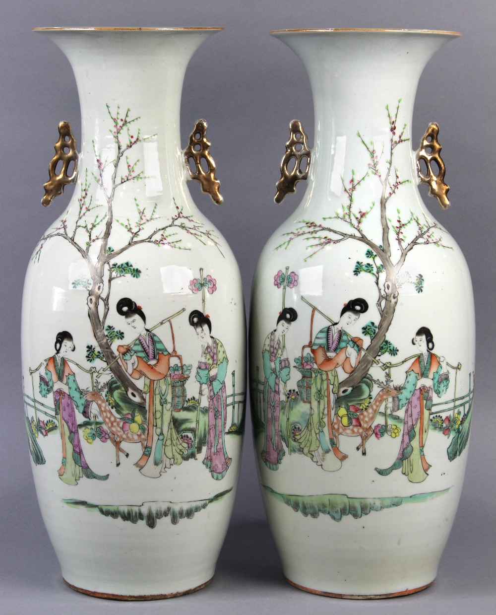 Pair of Chinese porcelain vases, the body of the baluster vase decorated with Magu with basket of