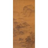 Manner of Lin Mei (Chinese, Ming dynasty), ink and color on silk, Landscape, with scholars