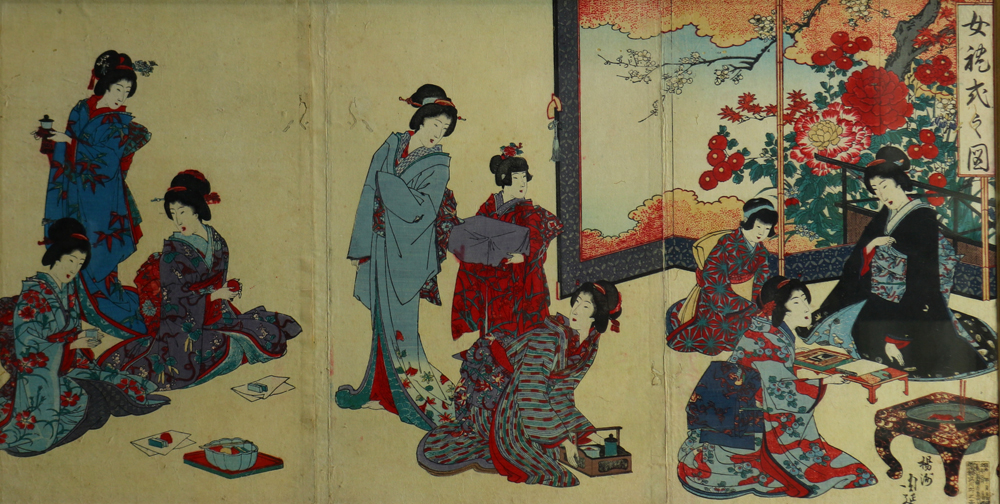(lot of 3) Japanese woodblock prints three triptychs, 19th century: Utagawa Toyokuni III (1786- - Image 2 of 7