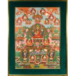 Himalayan painted thangka, Abbot, the central seated figure holds sprigs issuing from a sword and