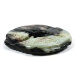 Chinese jade/hardstone disc, the gray-black matrix of a pair of fish forming a bi-disc, 2"w