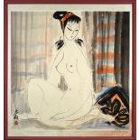 Manner of Lin Fengmian (Chinese, 1900-1991), Nude Beauty, ink and color on paper, the lower left