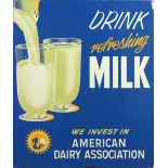 French double sided metal sign, circa 1960, reading "Drink Refreshing Milk," on a blue background,