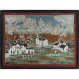 American Folk Art (20th century), Village Scene in Spring, 1985, oil on panel, signed "R. Alexander"