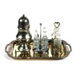 (lot of 6) Silverplate table articles, consisting of a muffineer, (2) cruet sets with glass bottles,