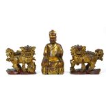 (lot of 3) Chinese gilt wood carvings, the first of a celestial official seated on a separate