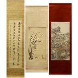 (lot of 3) Japanese hanging scrolls: one of calligraphy; one Korean ink painting of iris; one