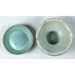 (lot of 2) Chinese qingbai glazed porcelain: first, a dish molded with fish amid water plants;