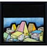 Jim Spitzer (American, b. 1936), Cubist Town, oil on board, signed lower right, overall (with