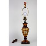 Bohemian style amber glass etched table lamp, having a single light, above a tapered form,