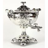 Rococo style silver plate hot water urn, having a compressed melon form, with double scrolled