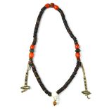 Sino-Tibetan stone bead necklace, with 108-brown cylinders in four sections disc alternated by coral