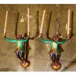 Pair of Continental style monkey wall sconces, each having two arms, and rising on a spherical