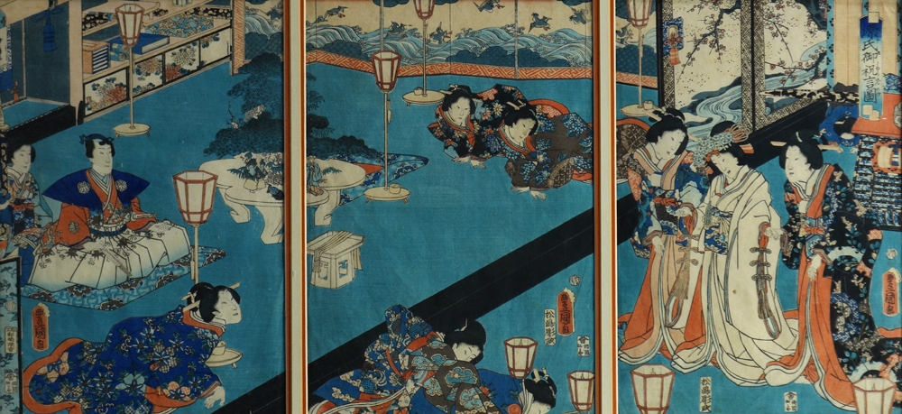 (lot of 3) Japanese woodblock prints three triptychs, 19th century: Utagawa Toyokuni III (1786- - Image 6 of 7