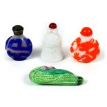 (lot of 4) Chinese porcelain snuff bottles, consisting of two overlay glass bottles, one with horses