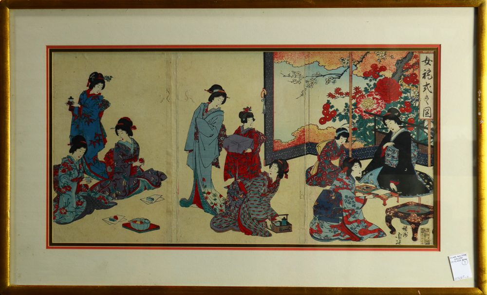 (lot of 3) Japanese woodblock prints three triptychs, 19th century: Utagawa Toyokuni III (1786- - Image 3 of 7