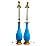 Pair of monumental Seguso for Marbro blown glass table lamps, executed in Tiffany blue, and rising