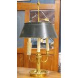 French Empire style bouillotte lamp, having three lights, above a circular base, 25.5"h