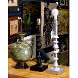 (lot of 3) Industrial age table lamps, one having a silvered finish, and one ebonized, largest 27.