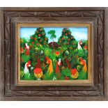 Haitian School (20th century), Figures Harvesting Fruit, oil on board, unsigned, overall (with