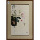 Asian School (20th century), Orchid and Hummingbird, watercolor, signed indistinctly "Paulo