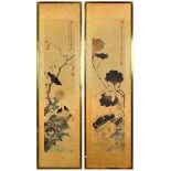 (lot of 2) Xing Leshan (Chinese), Birds and Flowers, ink and color on paper: one of magpies; the
