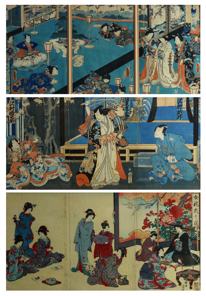 (lot of 3) Japanese woodblock prints three triptychs, 19th century: Utagawa Toyokuni III (1786-