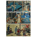 (lot of 3) Japanese woodblock prints three triptychs, 19th century: Utagawa Toyokuni III (1786-