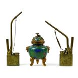 (lot of 3) Chinese metal ware, consisting of a cloisonne enameled censer with flowers on a green