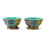 Pair of Chinese octagonal footed porcelain dishes, each of the sides with stylized louts panels of a