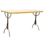 French cafe style custom bistro table, having a pine top, above the chromed metal base, 29.5"h x