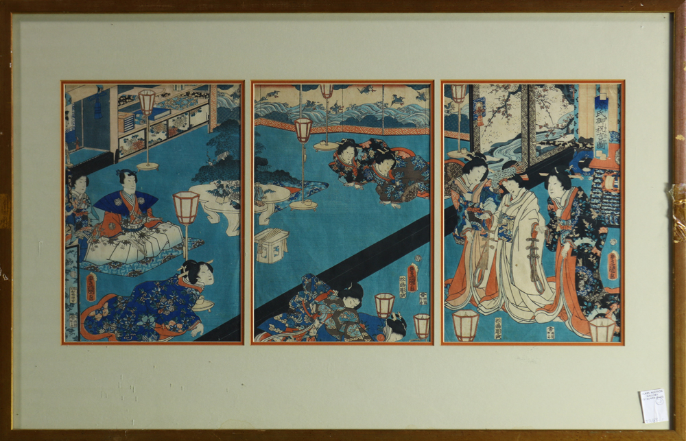 (lot of 3) Japanese woodblock prints three triptychs, 19th century: Utagawa Toyokuni III (1786- - Image 7 of 7