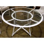 Brown and Jordan outdoor furniture suite, consisting of a circular glass top table 28"h x 50"w,