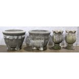 (lot of 4) Cast planters, consisting of pair having a circular form, accented with grapes,