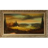 Chalet with Valley at Sunset, oil on canvas, signed "Molemon" lower right, 20th century, overall (
