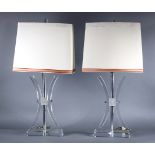 Pair of Moderne acrylic table lamps, each having a single light, above a geometric form standard and