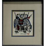 Watanabe Sadao (Japanese, 1913-1996), woodblock print, depicting a horse and three men, lower center