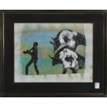 Untitled (Figure with Two Bulls), mixed media on paper, signed "May" lower right, 20th century,