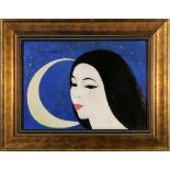 Shmavon Mangasarov (Russian, 20th century), "Girl and the Moon," oil on board, signed upper left,