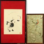 (lot of 2) Japanese sumi-e of a cat, with the artist seal; together with a framed silk embroidery of