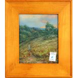 Figure in Field at Sunset, oil on canvas board, signed "Gracia Brunso", 20th century, overall (