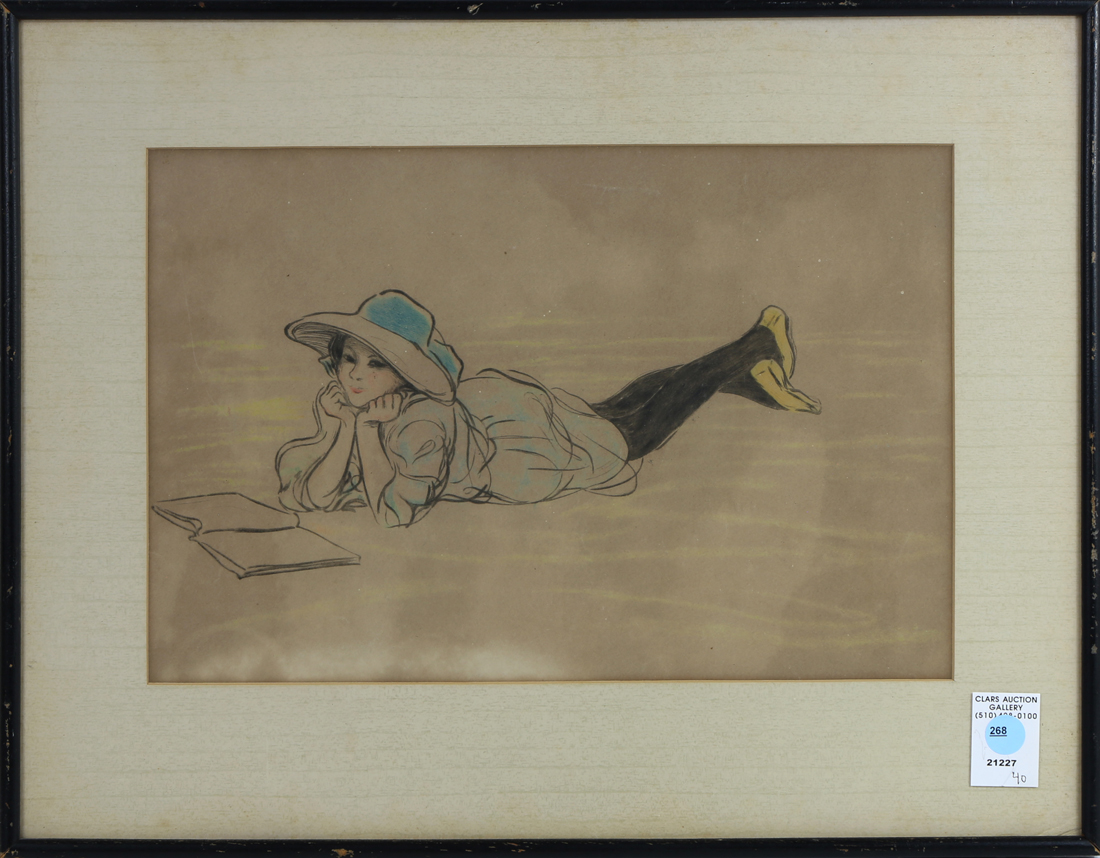 Girl Reading Book, charcoal and pastel on paper, unsigned, 20th century, overall (with frame): 16"