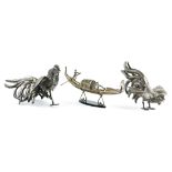 (lot of 3) Continental silver figurines, consisting of two fighting cocks, each hand-hammered with