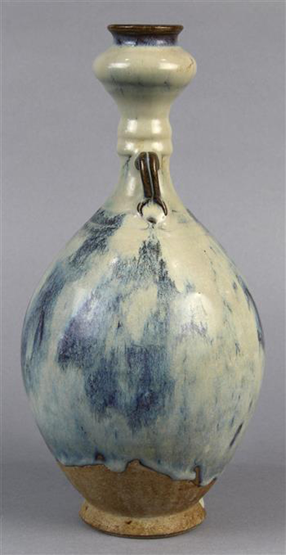 Chinese Jun-type glazed ceramic bottle, with a splayed mouth and garlic head above a ribbed neck - Image 2 of 6