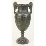 Neoclassical style patinated bronze urn, having a baluster form with a continuous central banding