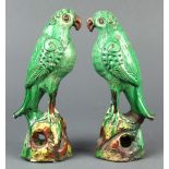 Pair of Chinese ceramic green glazed parrots, each perched on a plinth of mottled green-yellow hues,