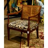 Empire style armchair, having a cane back, above faux fur upholstery, and rising on tapered legs,