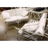 Pair of Brown Jordan sofas, each having white loose cushions with a cream metal frame having