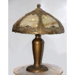 American bronze patinated metal and slag art glass table lamp, first quarter 20th century, unmarked,